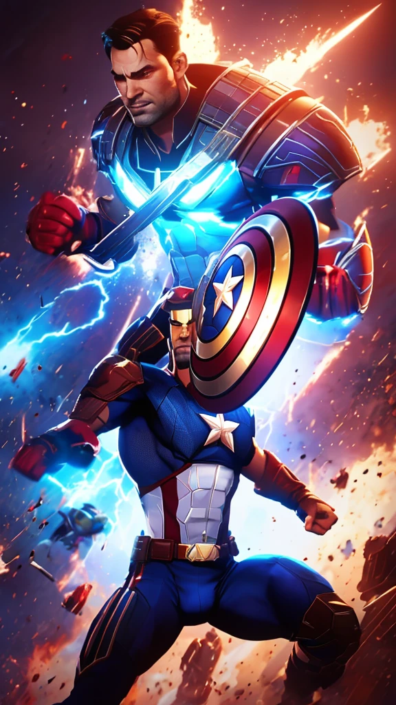 Captain America stands tall, shield at the ready, in a dynamic action pose amidst a chaotic battle scene backdrop. His muscles ripple beneath his iconic suit as he prepares to strike. The mid-body portrait showcases his determined expression and defined physique. The composition is sharp, with bold lines and contrasting colors drawing attention to the star-spangled hero. Highly detailed digital painting techniques create an extremely realistic 8K Kodak Golden shot, reminiscent of art by Ross Tran and Jim Lee.