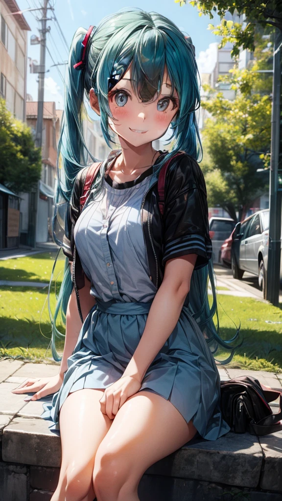 The background is the vastness of nature with a blue sky。
Hatsune Miku is smiling and sitting in the distance。

She is wearing a white dress with a long skirt。
A girl who looks like a Minato Ward girl。