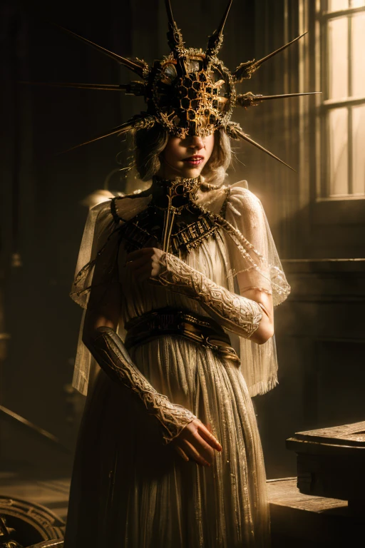 Young beautiful girl, Emma Myers, American, SOFT SMILING FACE, HAVE A BROWN HAIR, wears a old work cap, wears old-fashioned clothes, 19th century, poverty-stricken clothes, old torn clothes, 19th century period clothing, holding a bouquet, standing before her grandparents' tombstones, cemetery background, dark cities background, night time, midnight background.

The Monstrously Cannibalism Clockwork Flaming Lanterns from Bloodborne. The Monstrously Cannibalism Clockwork Thorny Wheels Robot Droid Nun and Knights From Bloodborne.

a close up symmetrical portrait of a cyberpunk gangster, biomechanical, mshn robot, splashes of orange red, hyper realistic, intricate design, (insanely detailed:1.4), (extremely fine details:1.35), Extremely sharp lines, steel, cinematic lighting, Photorealistic, a detailed painting by Ayami Kojima and Lilia Alvarado, (best quality, high quality, absurdres, intricate detail, masterpiece, cinematic), highly detailed, motion blur, film grain, noise, lens effects,