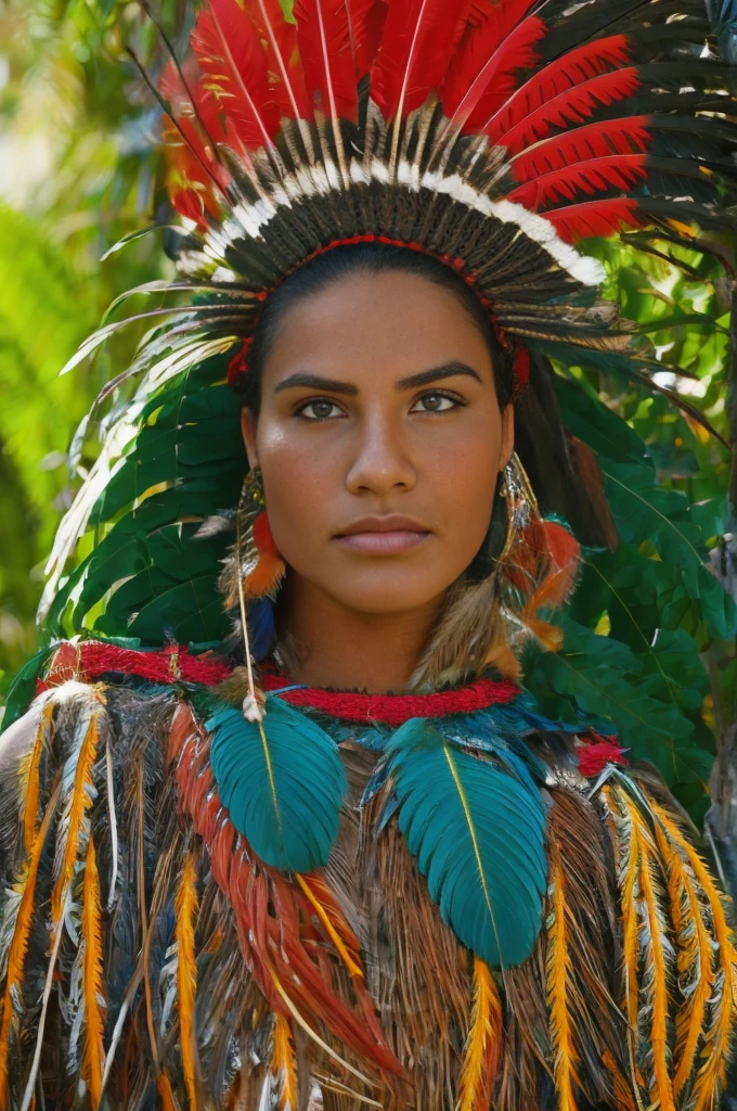SFW. ((RAW photo, Best quality)), (Realistic, photo-realistic:1.2). A beautiful indigenous girl in native dress with feathers and feathers on her HEAD, Blue and red green macaw FEATHERS, jaguar on right. amazon indian peoples in brazil, beautiful young female brazilian Native girl, Hot body, body in good shape, very detailed face, Yanomami Indian in typical costumes,High quality. Amazonia forest Background. Cinematic lighting.