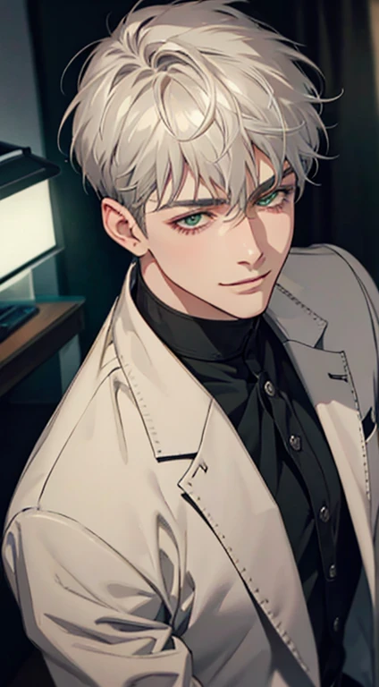 a mature man with short grey hair, green eyes, 31 years, and a perfect face, smiling in love, CEO, cinematic lighting, 1:4 HDR image, top view, ultra detailed, best quality, masterpiece, 8K, photorealistic, beautiful image