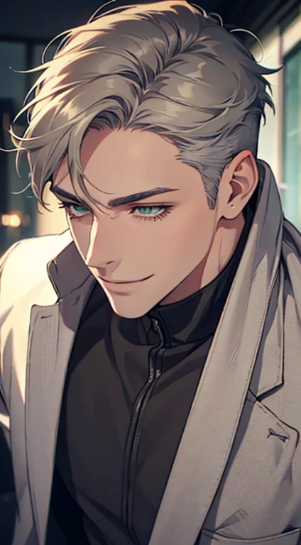 a mature man with short grey hair, green eyes, 31 years, and a perfect face, smiling in love, CEO, cinematic lighting, 1:4 HDR image, top view, ultra detailed, best quality, masterpiece, 8K, photorealistic, beautiful image