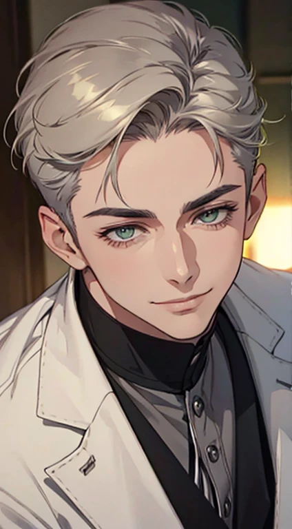 a mature man with short grey  hair, green eyes, 31 years, and a perfect face, smiling in love, CEO, cinematic lighting, 1:4 HDR image, top view, ultra detailed, best quality, masterpiece, 8K, photorealistic, beautiful image