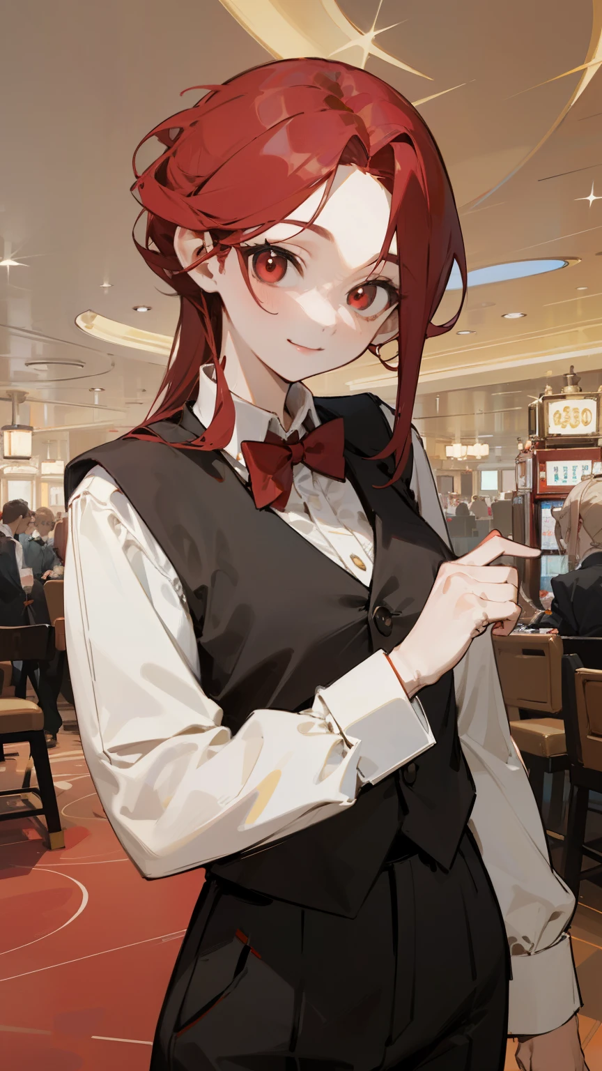 (masterpiece, best quality, super detailed, beautiful details eyes, Clean and delicate face), solo, 1 girl, Red swept back hair, red eyes, casino croupier, casino uniform, white shirt ,red vest, red bowtie, black pants, smile