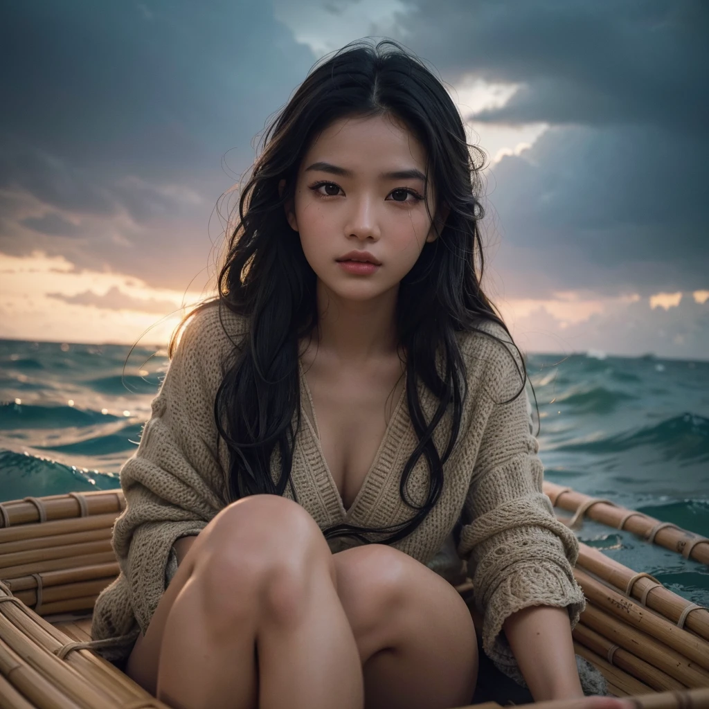 girl on a bamboo raft, stranded in the middle of the sea, full body, detailed facial features, beautiful detailed eyes, beautiful detailed lips, extremely detailed face and skin, long eyelashes, detailed clothing, waves crashing around the raft, overcast sky, dramatic lighting, moody atmosphere, photorealistic, 8k, best quality, masterpiece, highly detailed, dramatic, cinematic