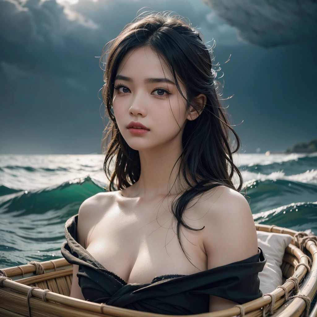 girl on a bamboo raft, stranded in the middle of the sea, full body, detailed facial features, beautiful detailed eyes, beautiful detailed lips, extremely detailed face and skin, long eyelashes, detailed clothing, waves crashing around the raft, overcast sky, dramatic lighting, moody atmosphere, photorealistic, 8k, best quality, masterpiece, highly detailed, dramatic, cinematic
