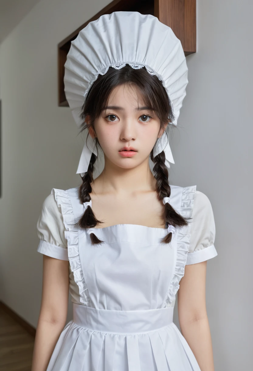 best quality, masterpiece,  franziskavkarma, solo, 1girl,,embarrassed, maid headdress, maid apron, maid, facing viewer, annoyed,