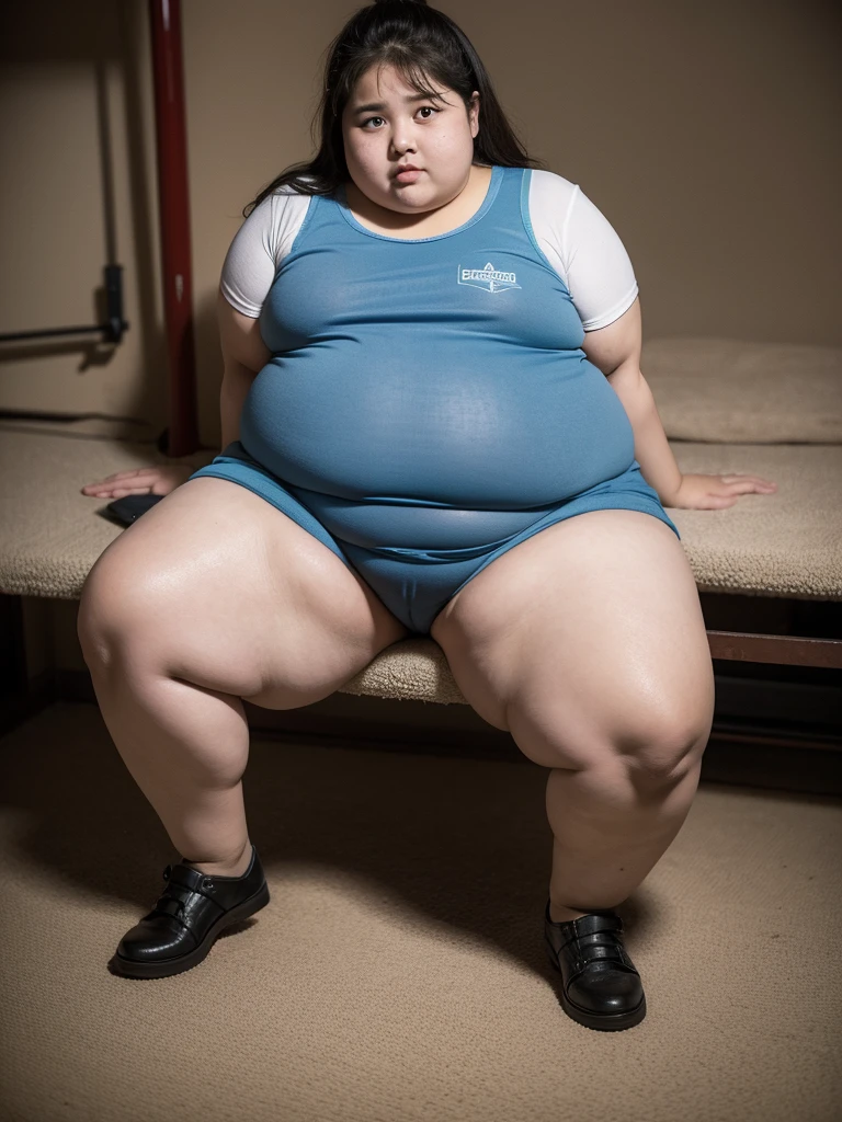 Very fat kid girl , obese , age 15 years , very fat body , in underground prison ,face excited , full body, panties , bra, sit