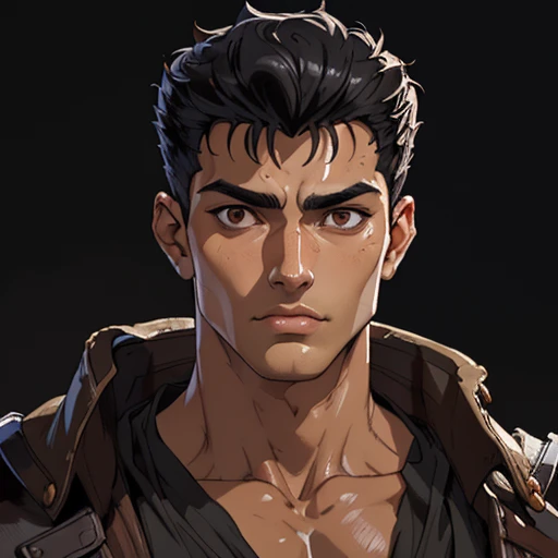 (masterpiece), (best quality),(portrait),(bust up),1boy,solo,(sharp focus),((look at viewer)),tanned skin ,(black hair),adult, (ancient:1),ancient luxurious long clothes,old school fantasy art,((simple background)),super shiny face,Ultra Glossy Skin,guts \(berserk\),light brown  clothes,