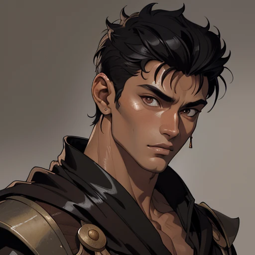 (masterpiece), (best quality),(portrait),(bust up),1boy,solo,(sharp focus),((look at viewer)),tanned skin ,(black hair),adult, (ancient:1),ancient luxurious long clothes,old school fantasy art,((simple background)),super shiny face,Ultra Glossy Skin,guts \(berserk\),light brown  clothes,