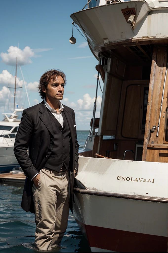 super realistic image of the navigator Christopher Columbus next to a boat, disheveled suit and worried face