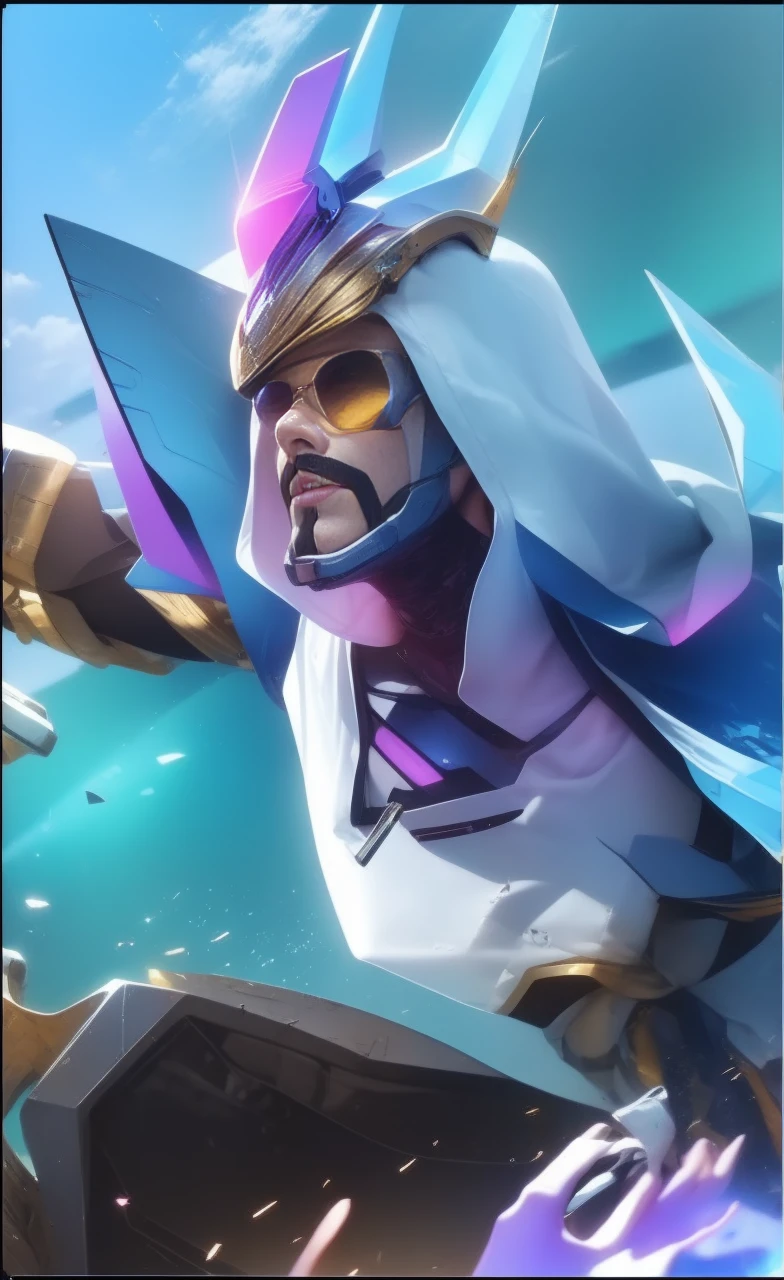 Pale yellow clothes, White skin, White hair,Cyberpunk, Golden eyes, (Wearing sunglasses)(Wearing headphones)Looking up, Upper body