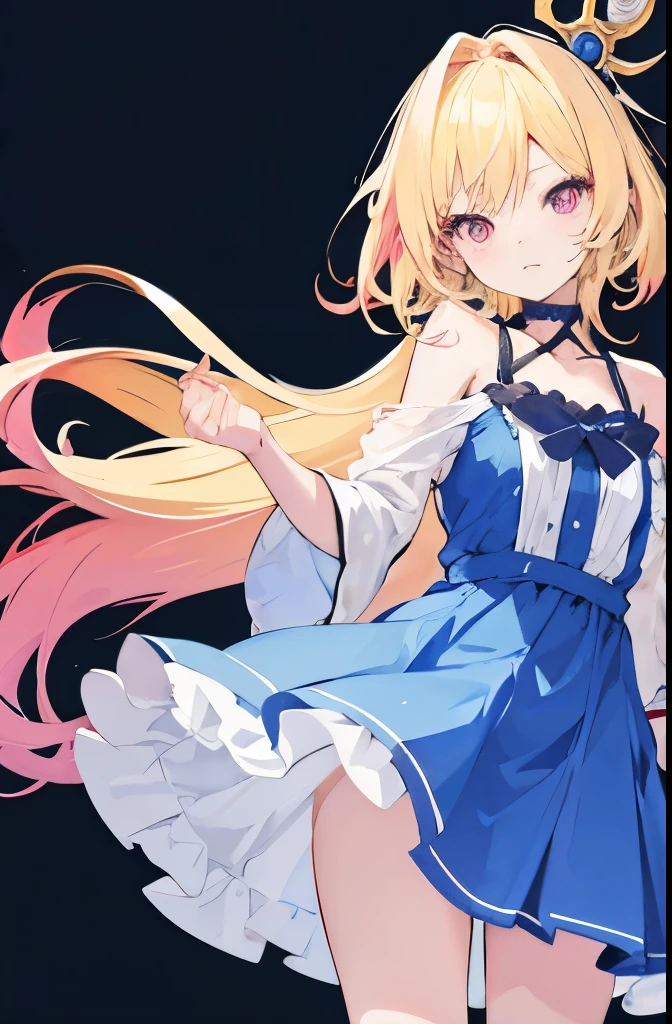 Cute anime girl with blonde hair and pink eyes in blue dress vtuber model