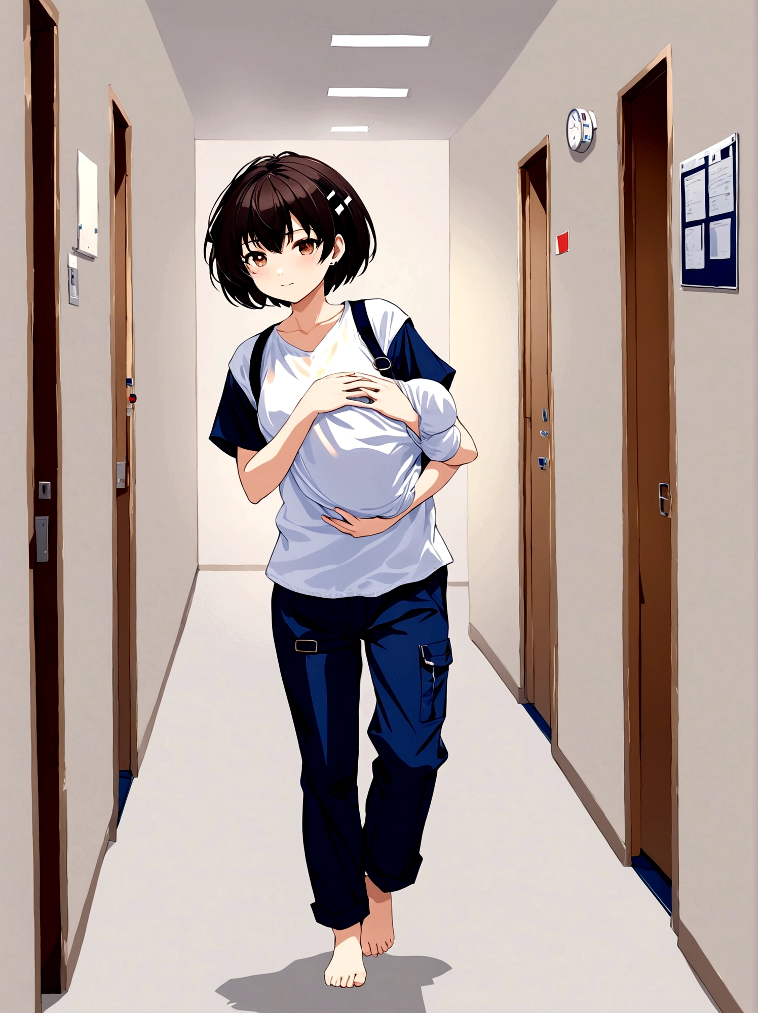 Create an image of one who is walking in. A hospital hallway holding a newborn baby.