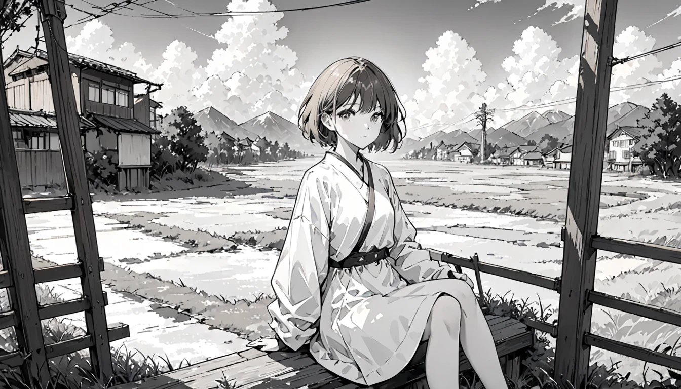 masterpiece, Highest quality, solo, Short Hair, Light brown hair,Looking at the viewer, 1girl, Shut your mouth., Upper Body, abstract, bangs, Monochrome ,Outdoor, Grass, null, landscape, cloud, solo, Sitting, Power lines, wood, Day没, Electric pole, shoes, 曇りnull, Long sleeve, 青いnull, fence, Wide Shot, Day, building ,