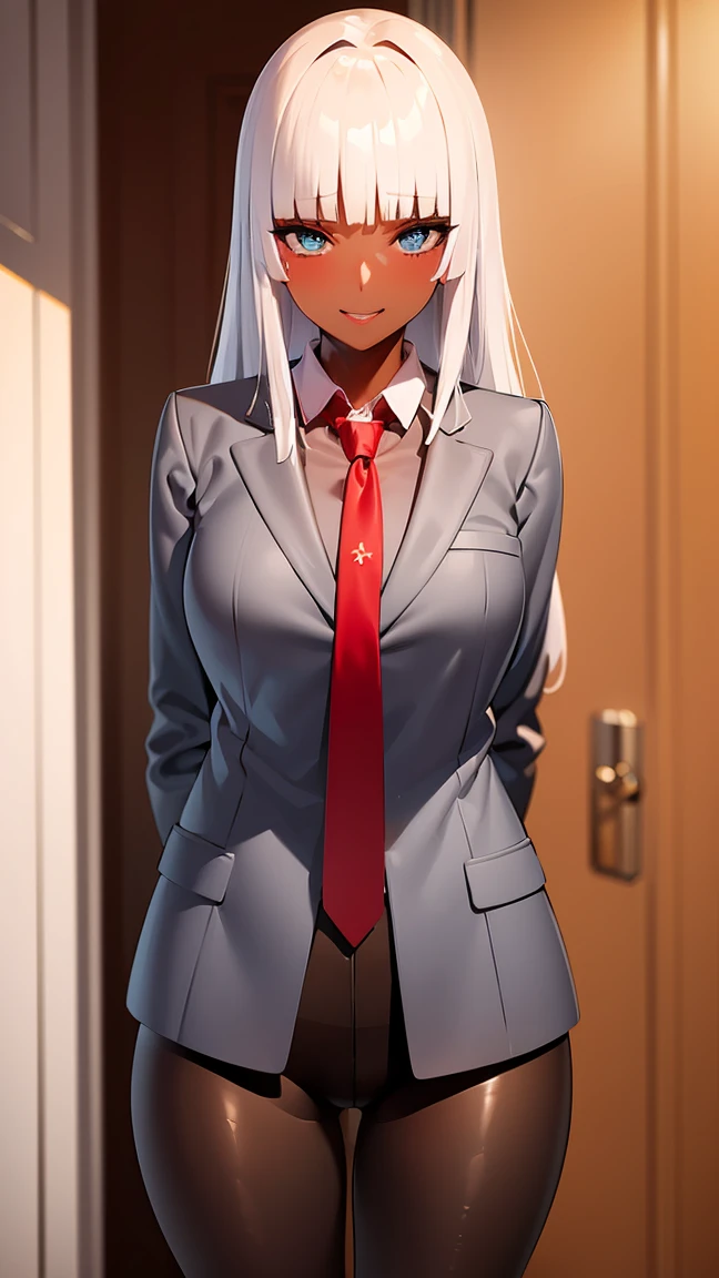 liliana 1girl, solo, long hair, looking at viewer, bangs, blue eyes, white hair, dark skin, blunt bangs, dark-skinned female,
BREAK ((grey jacket, jacket, pantyhose, , u.a. , necktie, red necktie, shirt, white shirt, collared shirt:1.5))
BREAK indoors, standing, looking at viewer, smile, dynamic pose,
BREAK (masterpiece:1.2), best quality, high resolution, unity 8k wallpaper, (illustration:0.8), (beautiful detailed eyes:1.6), extremely detailed face, perfect lighting, extremely detailed CG, (perfect hands, perfect anatomy),