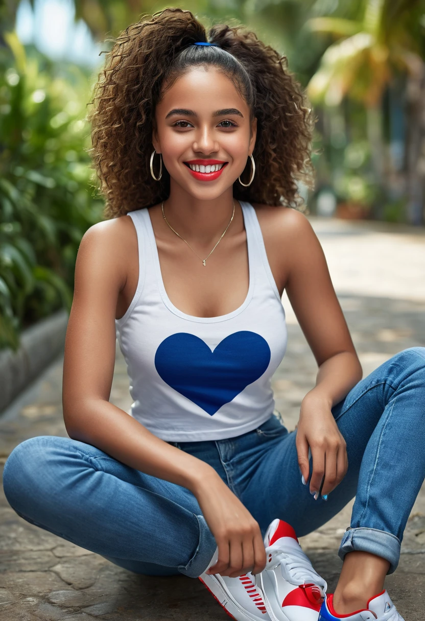 8k, a beautiful mixed caribbean girl, extremely detailed full body, beautiful detailed eyes, beautiful detailed lips, smile, extremely detailed hands and face, Heart with the hands fit girl,  Red tank top, Wide blue jeans, Nike white air sneaker, vibrant colors, natural lighting, (best quality,4k,8k,highres,masterpiece:1.2),ultra-detailed,(realistic,photorealistic,photo-realistic:1.37),portrait,landscape