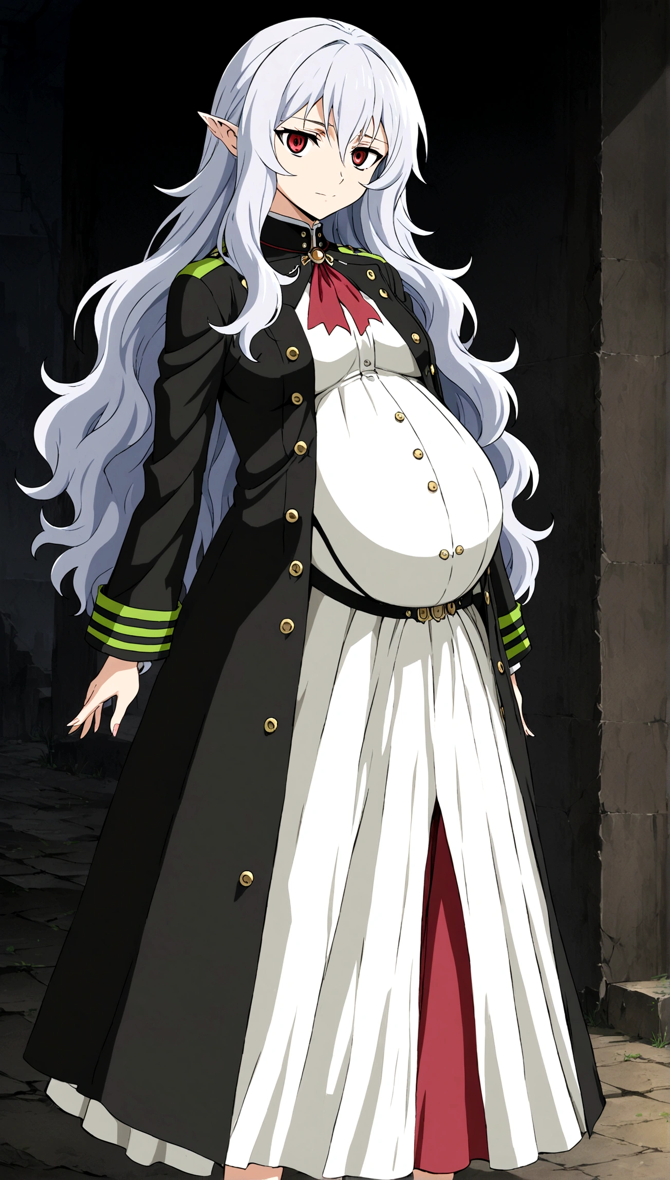 Anime. Owari no Seraph. 1 Girl. Expensive . A vampire. Clumsy mother. Pregnant. Silver hair. Wavy hair. Long hair. Red eyes. Beautiful eyes. Perfect eyes. Expressive eyes. Ideal face. Perfect body. Beautiful long ones. legs. Beautiful nose. 18 years. Big breasts. Standing. Full height. Beautiful character design. Shiny skin. Pointy ears. Ancestor Uniform Dress from Owari no Seraph. Ruins of Tokyo. Whole body. NSF. Official art. Extremely detailed CG Unity 8k wallpaper. Ideal lighting. Ultra high resolution 4K. Super detailed 8K. A high resolution.
