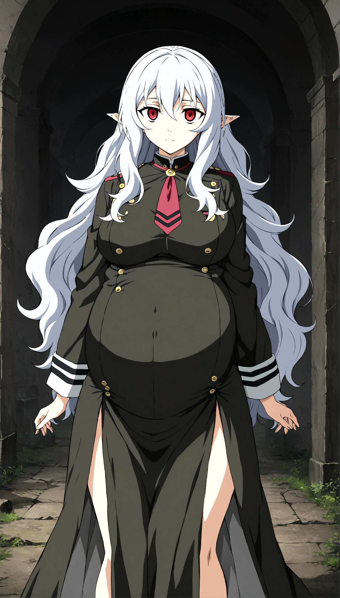 Anime. Owari no Seraph. 1 Girl. Expensive . A vampire. Clumsy mother. Pregnant. Silver hair. Wavy hair. Long hair. Red eyes. Beautiful eyes. Perfect eyes. Expressive eyes. Ideal face. Perfect body. Beautiful long ones. legs. Beautiful nose. 18 years. Big breasts. Standing. Full height. Beautiful character design. Shiny skin. Pointy ears. Ancestor Uniform Dress from Owari no Seraph. Ruins of Tokyo. Whole body. NSF. Official art. Extremely detailed CG Unity 8k wallpaper. Ideal lighting. Ultra high resolution 4K. Super detailed 8K. A high resolution.