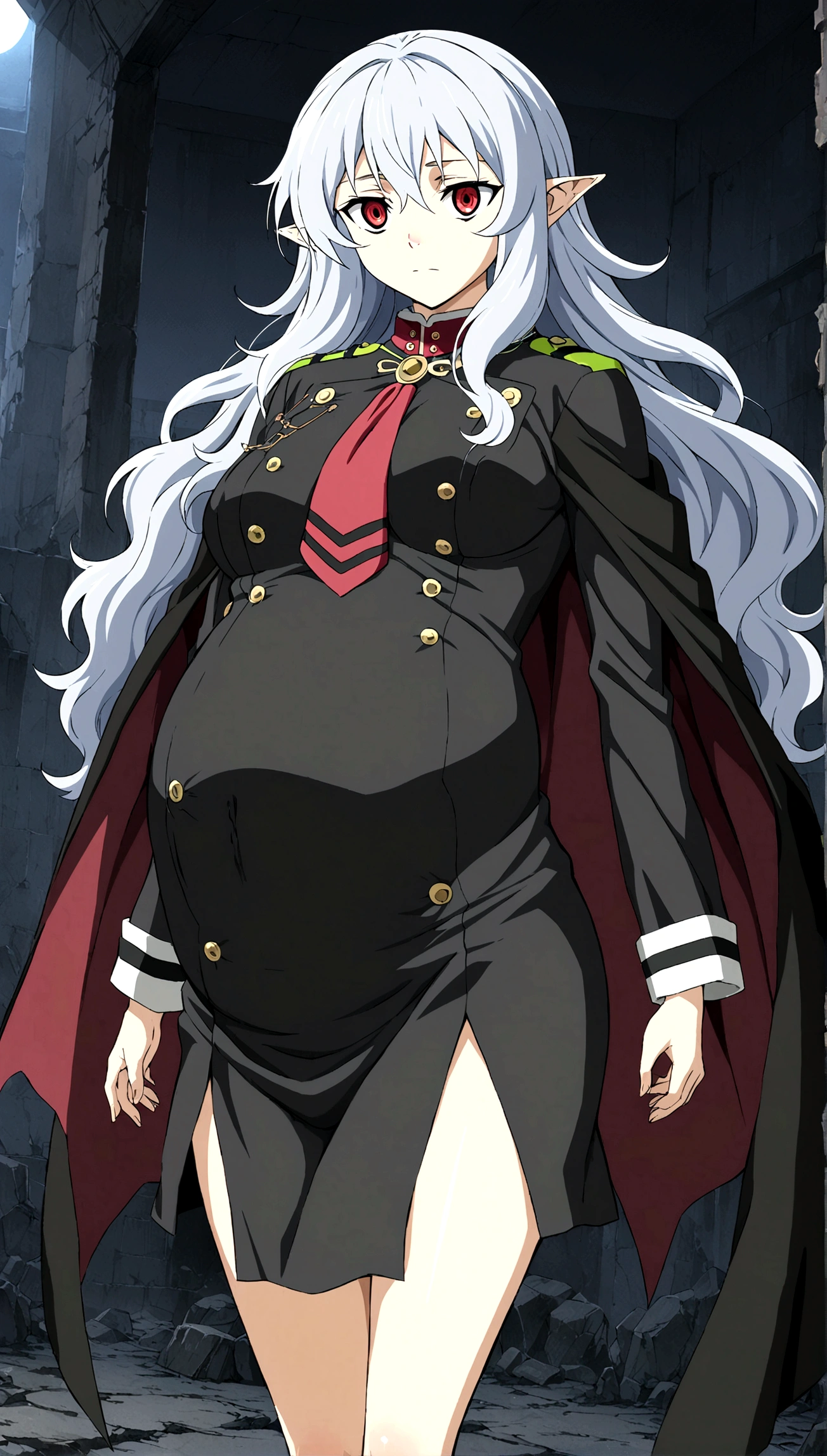 Anime. Owari no Seraph. 1 Girl. Expensive . A vampire. Clumsy mother. Pregnant. Silver hair. Wavy hair. Long hair. Red eyes. Beautiful eyes. Perfect eyes. Expressive eyes. Ideal face. Perfect body. Beautiful long ones. legs. Beautiful nose. 18 years. Big breasts. Standing. Full height. Beautiful character design. Shiny skin. Pointy ears. Ancestor Uniform Dress from Owari no Seraph. Ruins of Tokyo. Whole body. NSF. Official art. Extremely detailed CG Unity 8k wallpaper. Ideal lighting. Ultra high resolution 4K. Super detailed 8K. A high resolution.