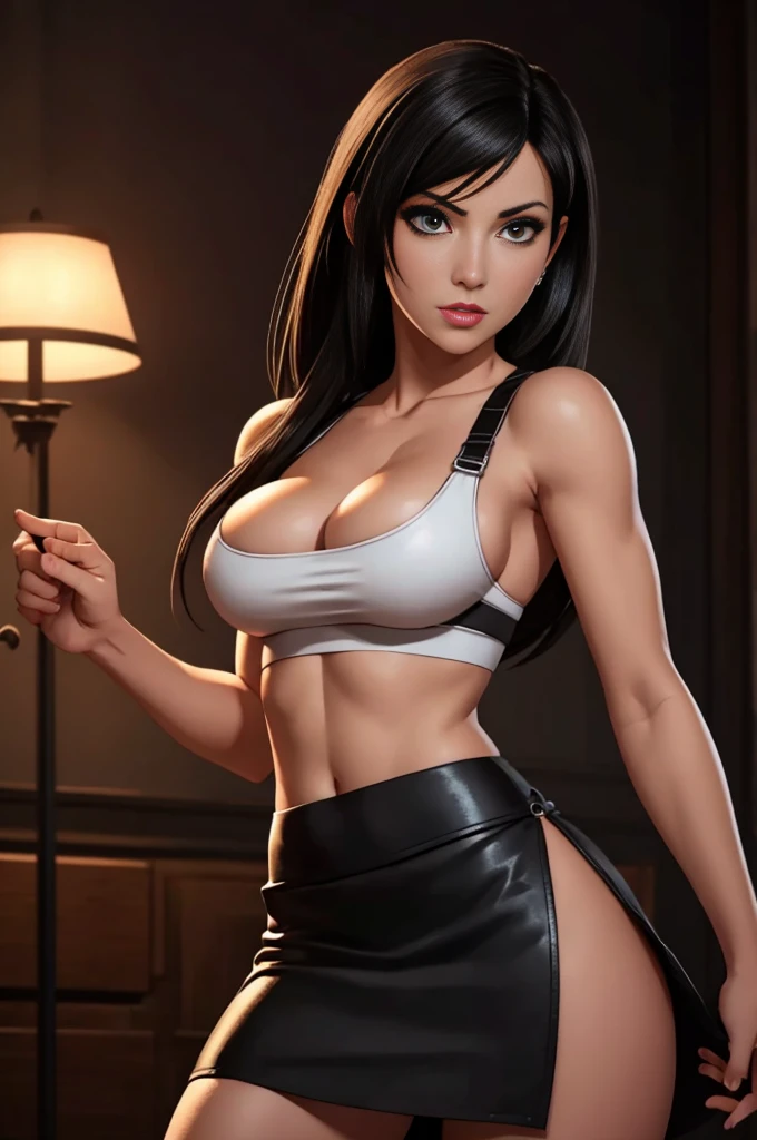 Tifa Lockheart, white crop top, short black skirt, large breasts, skindentation, cleavage, lifted skirt, black thong, skirtlift, beautiful detailed eyes, beautiful detailed lips, extremely detailed face and eyes, long eyelashes, photorealistic, 8k, high quality, extremely detailed, hyper realistic, masterpiece, realistic lighting, detailed shading, intricate details, perfect anatomy, dynamic pose, cinematic lighting, huge breasts