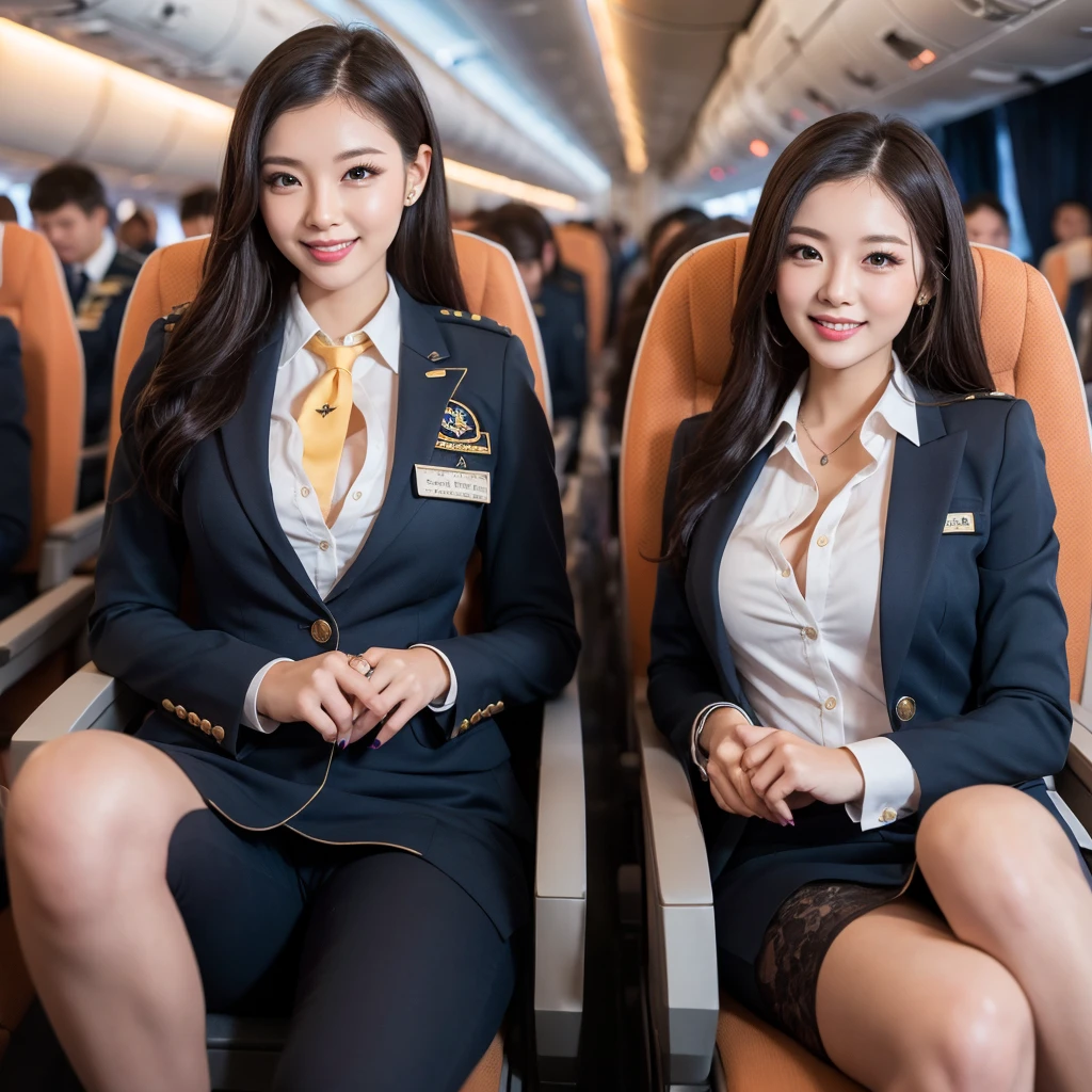 young girl 32 years old, flight attendant, sitting in the airplane seat, dressed in uniform, smiling, posing, 8k, maximum quality, maximum resolution, black fur, sexy, neckline, Free hair, very thin, pied, without jacket