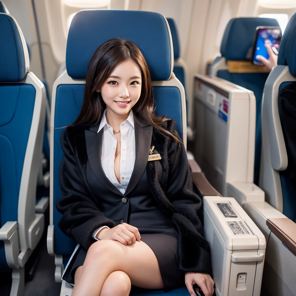 young girl 32 years old, flight attendant, sitting in the airplane seat, dressed in uniform, smiling, posing, 8k, maximum quality, maximum resolution, black fur, sexy, neckline, Free hair, very thin, pied, without jacket