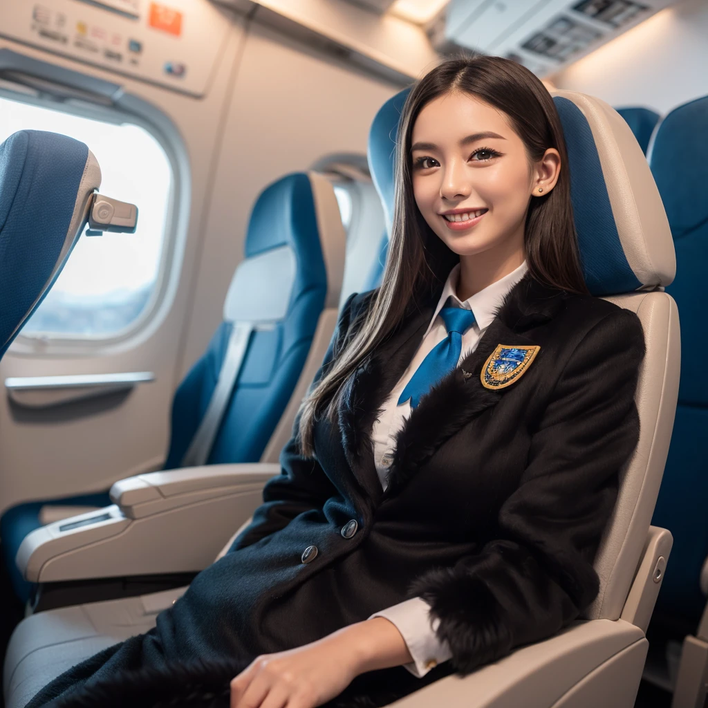young girl 32 years old, flight attendant, sitting in the airplane seat, dressed in uniform, smiling, posing, 8k, maximum quality, maximum resolution, black fur, sexy, neckline, Free hair, very thin, pied, without jacket