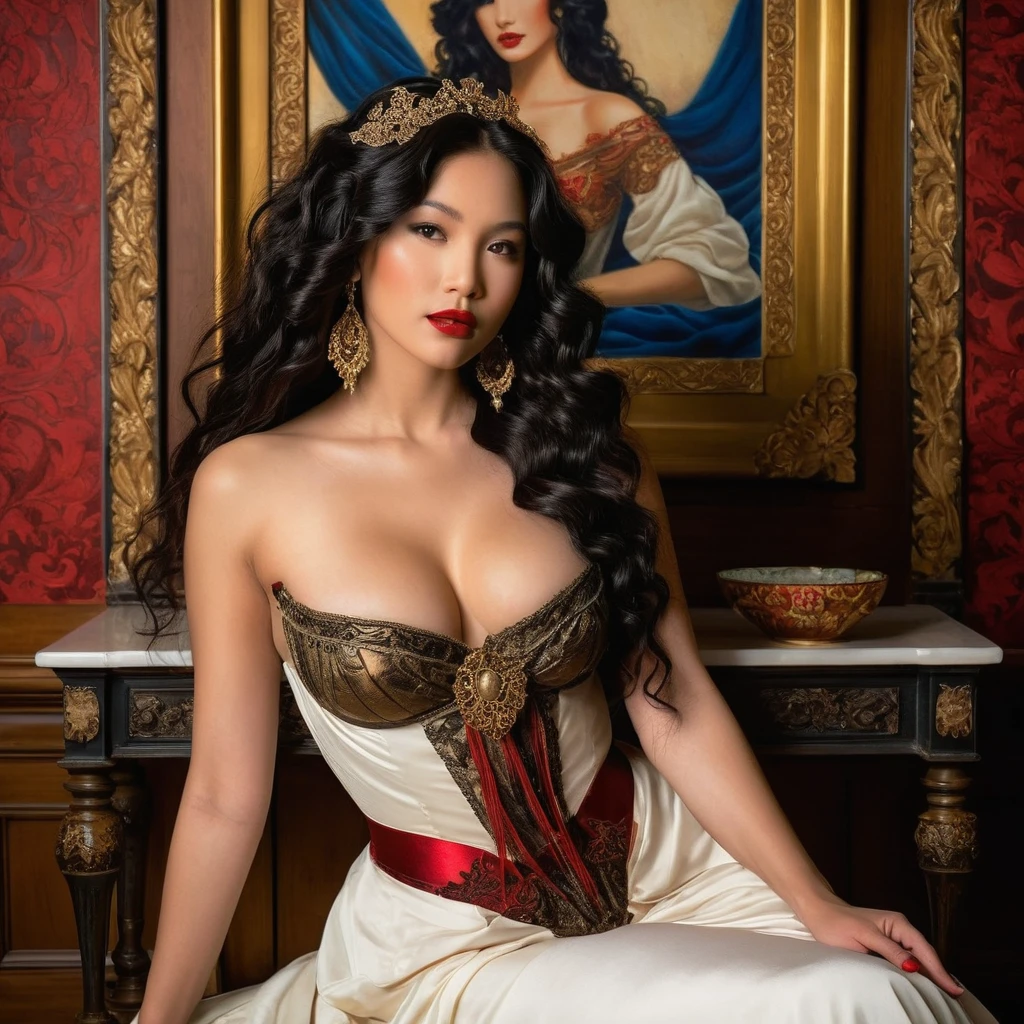 A half-asian, asian-european, woman with black wavy hair in the style of a greek goddess, with bronze skin posing as a seductive temptress with porcelain skin and blood-red lips, framed by the opulent trappings of a Victorian parlor. Inspired by Pre-Raphaelite art, her form is ethereal and romantic, with flowing locks and delicate features that evoke the beauty of a bygone era. smiling, large breast, sitting in a Victorian Parlor, her elegant gown ripped open revealing her breasts and navel