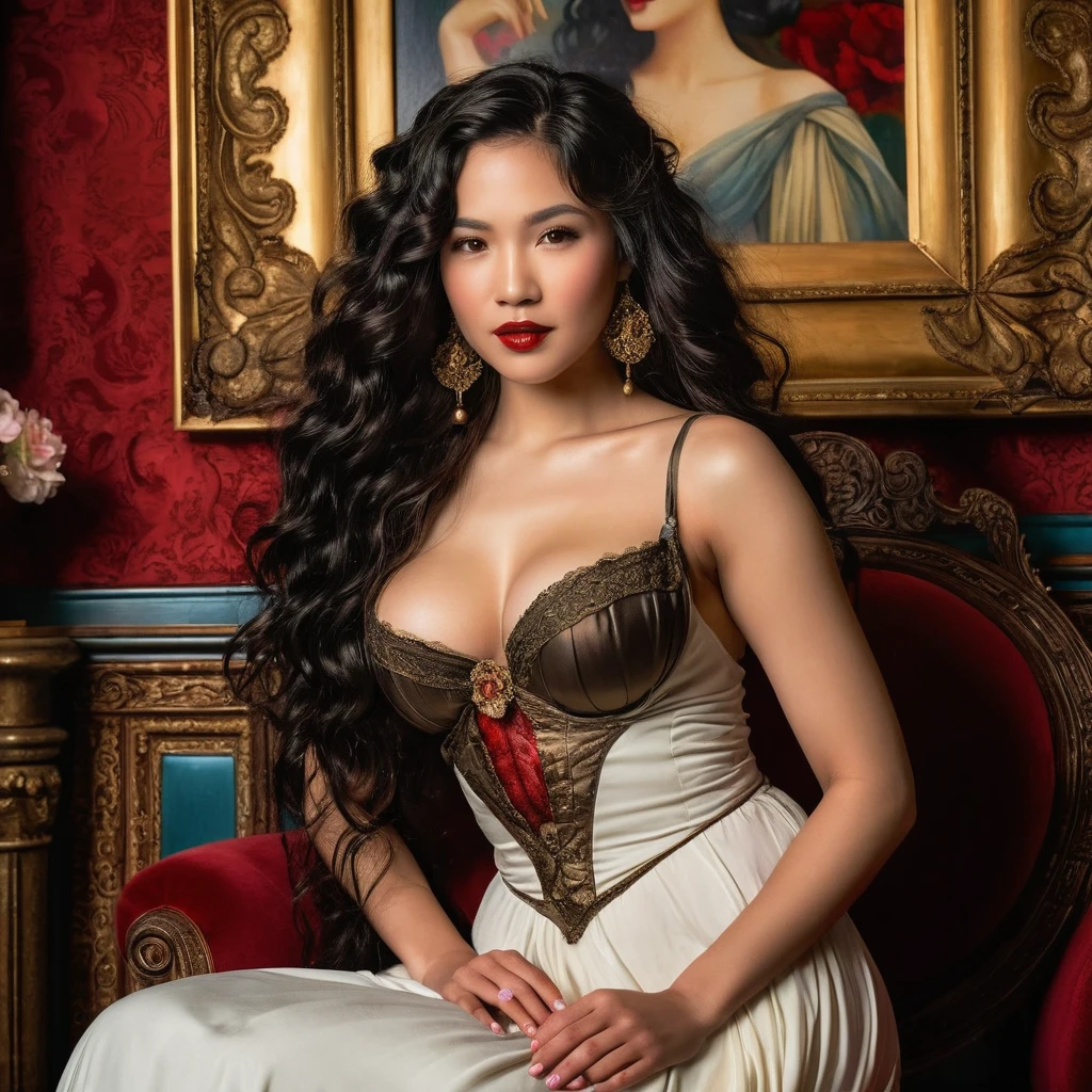 A half-asian, asian-european, woman with black wavy hair in the style of a greek goddess, with bronze skin posing as a seductive temptress with porcelain skin and blood-red lips, framed by the opulent trappings of a Victorian parlor. Inspired by Pre-Raphaelite art, her form is ethereal and romantic, with flowing locks and delicate features that evoke the beauty of a bygone era. smiling, large breast, sitting in a Victorian Parlor, her elegant gown ripped open revealing her breasts and navel 