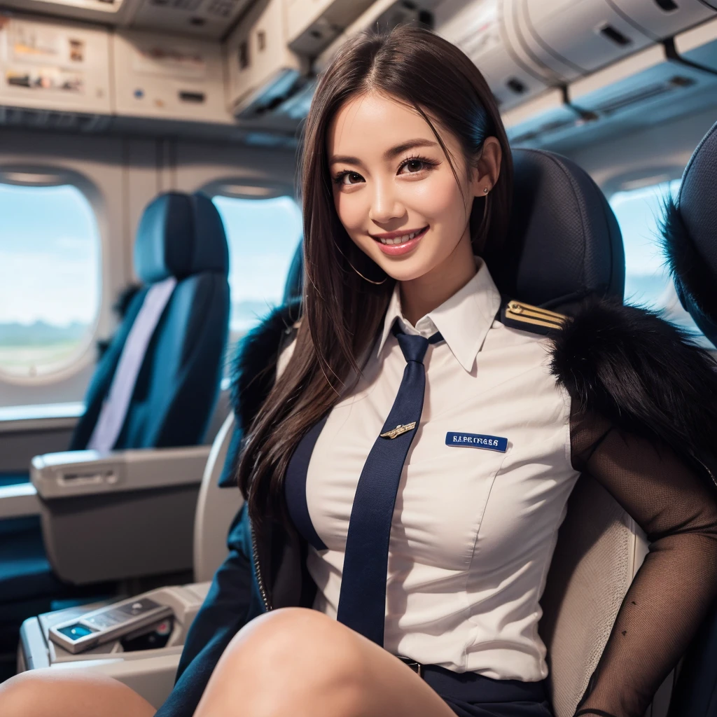 young girl 32 years old, flight attendant, sitting in the airplane seat, dressed in uniform, smiling, posing, 8k, maximum quality, maximum resolution, black fur, sexy, neckline, Free hair, very thin, pied, without jacket