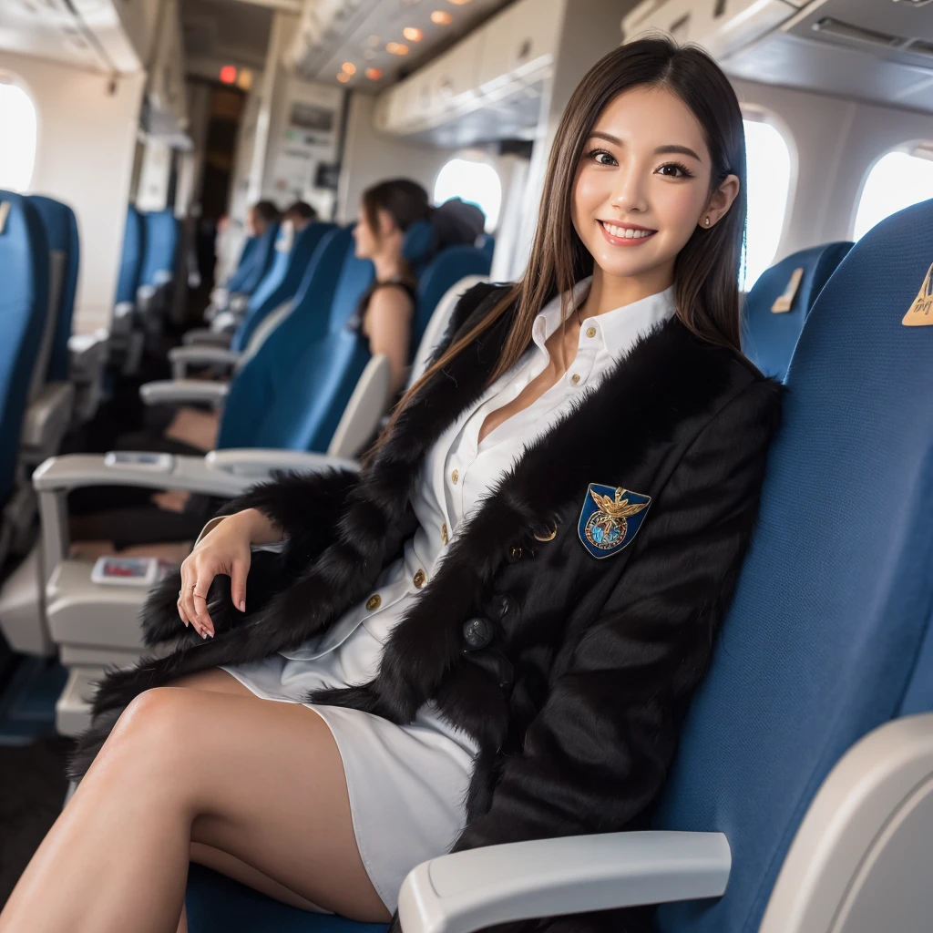 young girl 32 years old, flight attendant, sitting in the airplane seat, dressed in uniform, smiling, posing, 8k, maximum quality, maximum resolution, black fur, sexy, neckline, Free hair, very thin, pied, without jacket