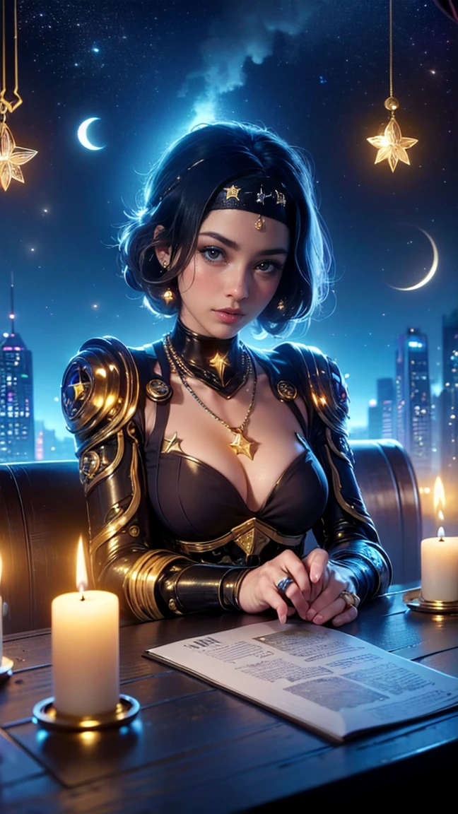 top quality, future world, State-of-the-art robot, Beautiful Woman, flying hair, Transformed into a cyborg except for the face, sexy images, whole body photo, ((Astrologer, star signs ring on table, Horoscope,candles, star signs book, star headband, star necklaces, floating on air, in the sky, Suspicious ornament, Star Chart))