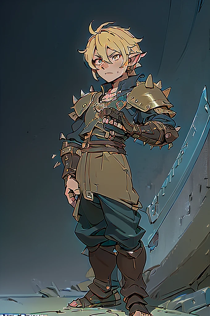 (((Masterpiece of the highest quality.))), (((medieval fantasy))), (((Extreme details))), ((medieval fantasy swordsman)), ((cloud strife)), (medieval punk), ((fantasy great sword)) (((ultra detailed))), (((male))), ((Alone)) ((male elf)), ((A 25 year old elf.))), (175 cm tall), ((blonde hair with spikes)), ((short spiky hair)), ((Brown eyes)), ((Exquisite and detailed face)), ((detailed expressive eyes)), ((standing)), ((Perfect eyes)), ((perfect your hands)), ((euphoric expression)), ((medieval half steel half black letter armor)), ((holding a huge greatsword in his right hand)), ((detailed great sword)), (((8k))), ((Additional quality)), (Additional details), ((exquisite eyes)), ((standing battle stance)), ((Background of the battle)), ((cinematic lighting)), (((full body character))), ((extreme care to detail)), ((movie effects)), (war zone background)