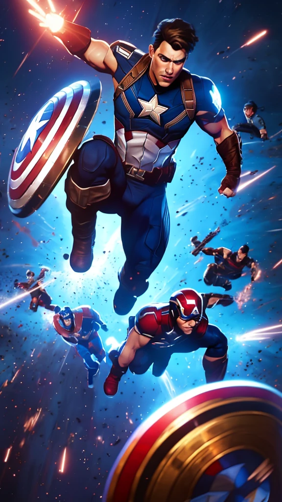 Captain America leap attack, shield at the ready, in a dynamic action pose amidst a chaotic battle scene backdrop. His muscles ripple beneath his iconic suit as he prepares to strike. The mid-body portrait showcases his determined expression and defined physique. The composition is sharp, with bold lines and contrasting colors drawing attention to the star-spangled hero. Highly detailed digital painting techniques create an extremely realistic 8K Kodak Golden shot, reminiscent of art by Ross Tran and Jim Lee.