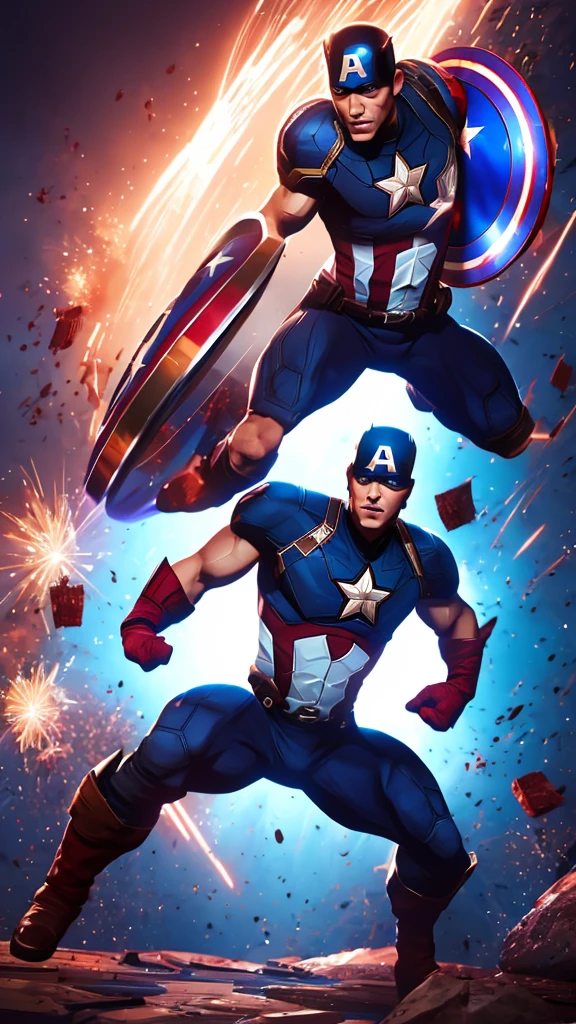 Captain America leap attack, shield at the ready, in a dynamic action pose amidst a chaotic battle scene backdrop. His muscles ripple beneath his iconic suit as he prepares to strike. The mid-body portrait showcases his determined expression and defined physique. The composition is sharp, with bold lines and contrasting colors drawing attention to the star-spangled hero. Highly detailed digital painting techniques create an extremely realistic 8K Kodak Golden shot, reminiscent of art by Ross Tran and Jim Lee.