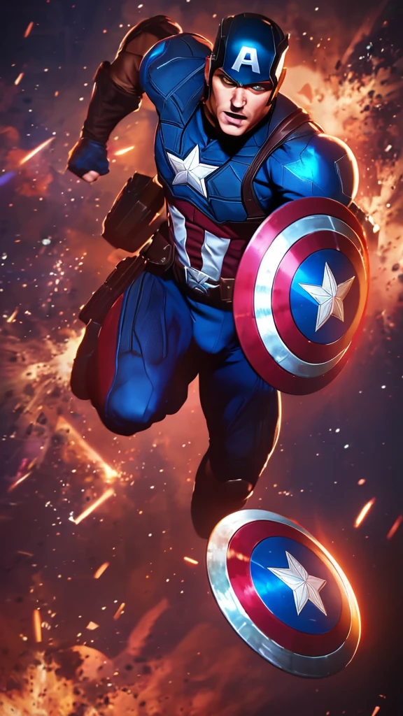 Captain America leap attack, shield at the ready, in a dynamic action pose amidst a chaotic battle scene backdrop. His muscles ripple beneath his iconic suit as he prepares to strike. The mid-body portrait showcases his determined expression and defined physique. The composition is sharp, with bold lines and contrasting colors drawing attention to the star-spangled hero. Highly detailed digital painting techniques create an extremely realistic 8K Kodak Golden shot, reminiscent of art by Ross Tran and Jim Lee.