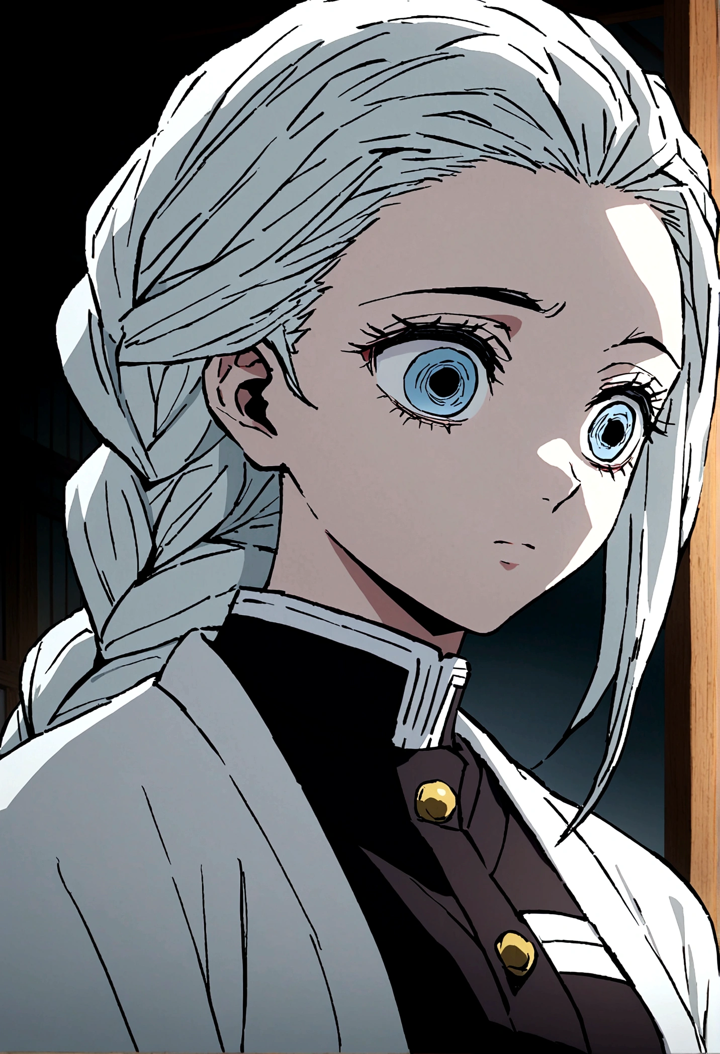 Screenshot of Kimetsu no Yaiba, 1woman,Long hair in a single braid, white hair, deep blue eyes, cold-looking, unsmiling, wearing a Demon Slayer uniform, a white robe,
