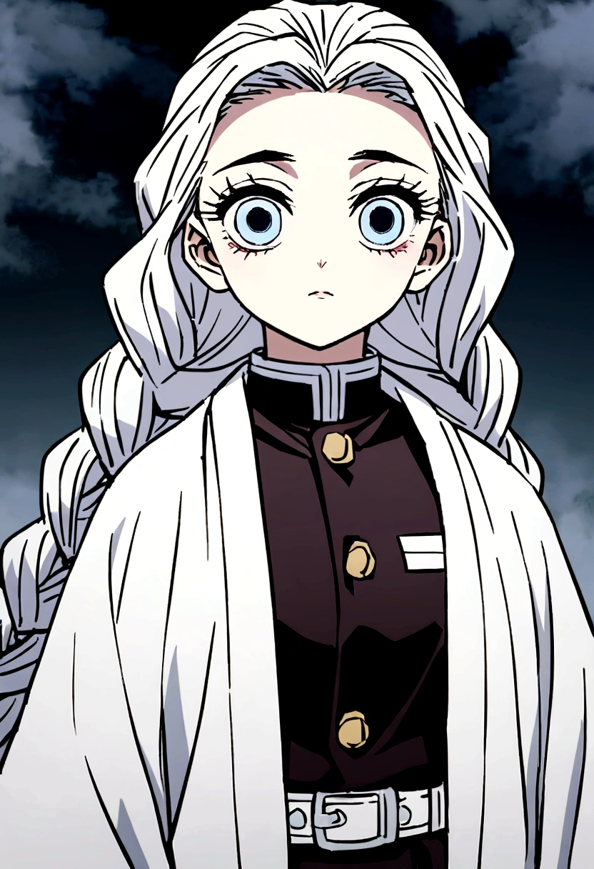 Screenshot of Kimetsu no Yaiba, 1woman,Long hair in a single braid, white hair, deep blue eyes, cold-looking, unsmiling, wearing a Demon Slayer uniform, a white robe,  