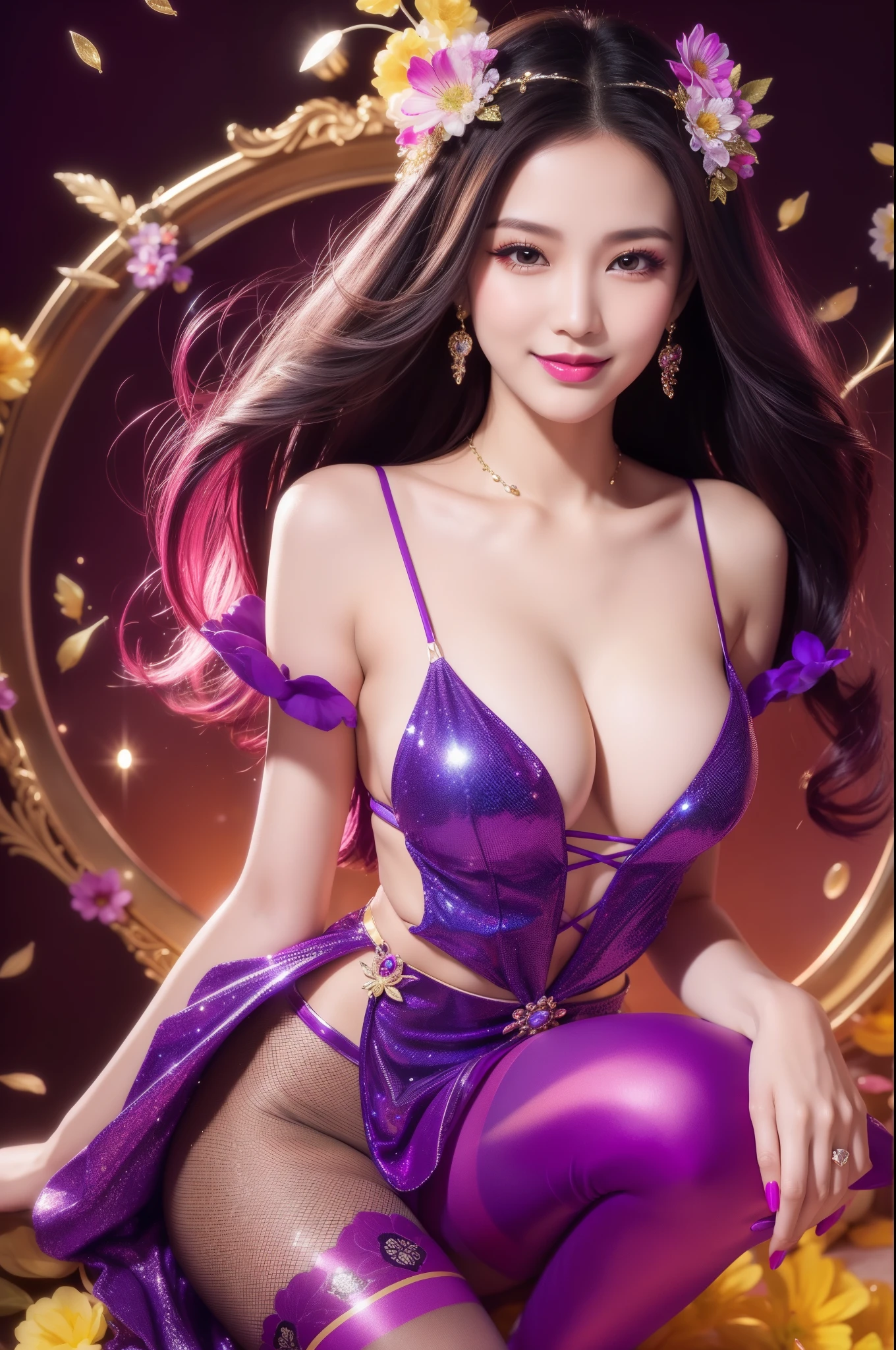 sexy Thai model who controls poison、beautiful smile、lip-gloss、bold lipstick、intense makeup、look at the camera、full body Esbian、、sparkling poisoned flower costume、、、、sparkling Colorful hair、secrete poison、skull hair accessories、sexy tights、shiny sparkling flowers background