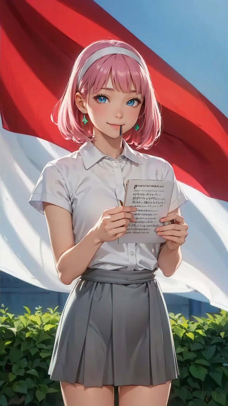 highest quality、masterpiece、8K、1 female、20-year-old、pink hair、Wavy Long Hair、bangs、fox ears、(attractive woman)、(smile)、white blouse、room、emerald blue eyes、sparkling eyes、big bust、((from waist to head))、(sitting at the desk)、Novelist、holding a pencil in mouth、(transparent)、(pure)、aerial perspective、