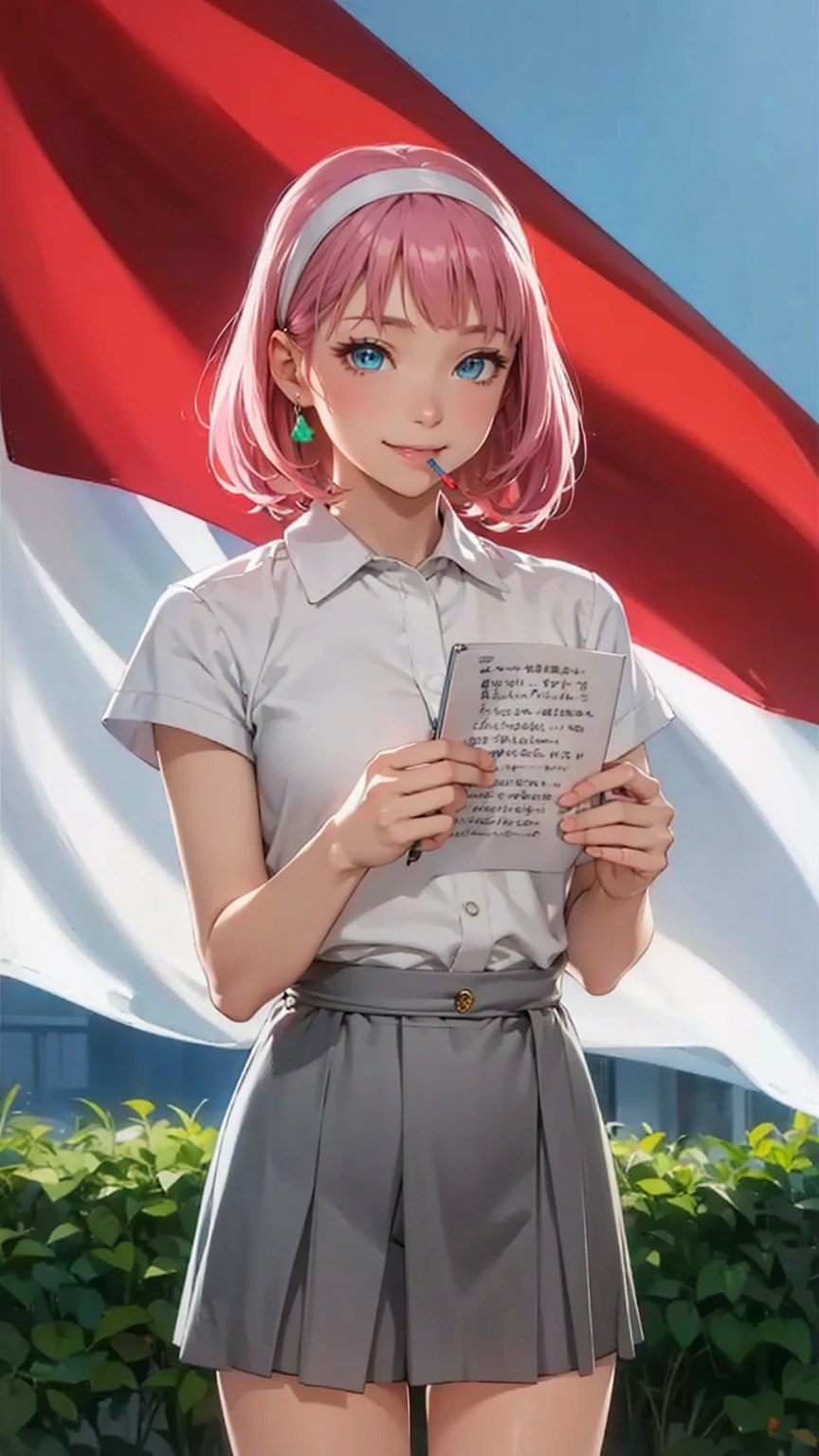 highest quality、masterpiece、8K、1 female、20-year-old、pink hair、Wavy Long Hair、bangs、fox ears、(attractive woman)、(smile)、white blouse、room、emerald blue eyes、sparkling eyes、big bust、((from waist to head))、(sitting at the desk)、Novelist、holding a pencil in mouth、(transparent)、(pure)、aerial perspective、