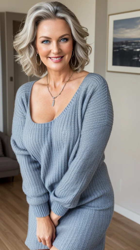 1 mature woman in, age50, Solo, medium casual hair, Bob hair, curvy body, Looking at Viewer, grayblondehair, Bare shoulders, Brown eyes, jewely, Full body, a necklace, off shoulders, (wearing black sweater home dress), Distant photo, Realistic, A sexy one, beautiful colour, Perfect skin, 3 bust size, instagram (Realistic, A high resolution),photo size 3:4, 1 cute sexy mature woman, large expressive blue eyes, happy, (8K, raw photo, Best quality, High detail, curvaceous forms, curvy body, seductive pose, She smile with Extraordinary Pleasure expression.