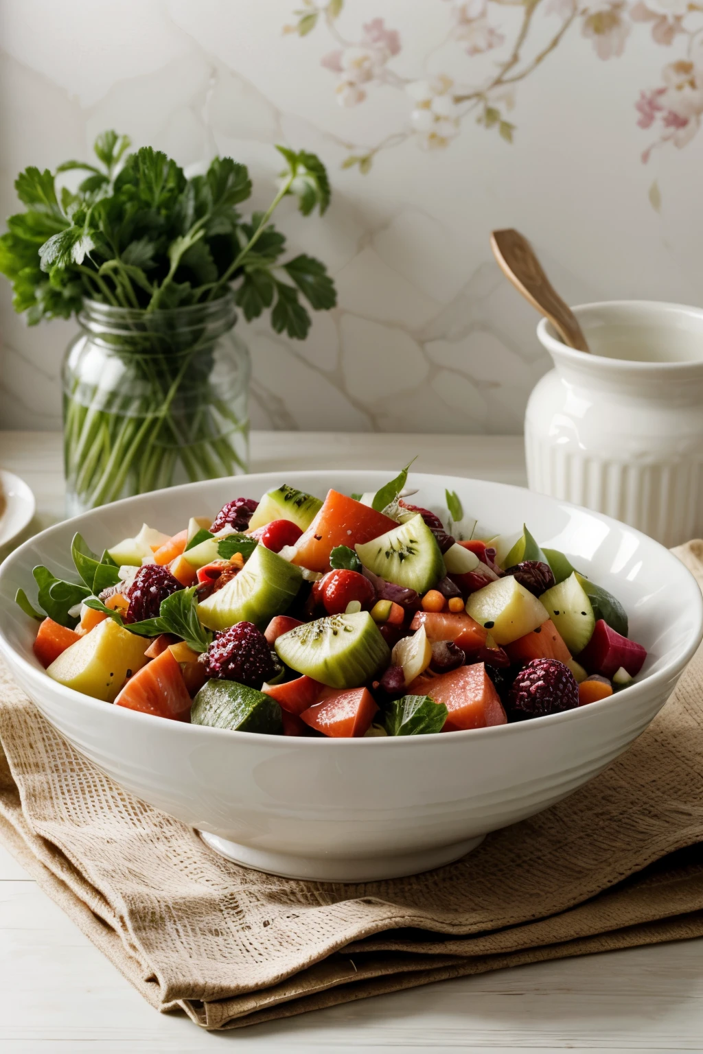 Fresh and elegant wallpaper，Put a bowl of freshly made vegetable and fruit salad，There&#39;s lettuce in it、  cucumber、  avocado 、 apple 、 tomates cereja 、 Red pepper、  carrot、 