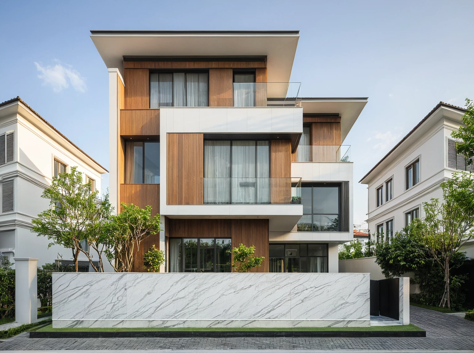modern villa on street, (daylight), tropical tree, vivid colour, streetcapes, white tone, white wall, large glass door, warm interior lighting, wood and marble, best quality, 17ArchiAI_XL_VL-v1
