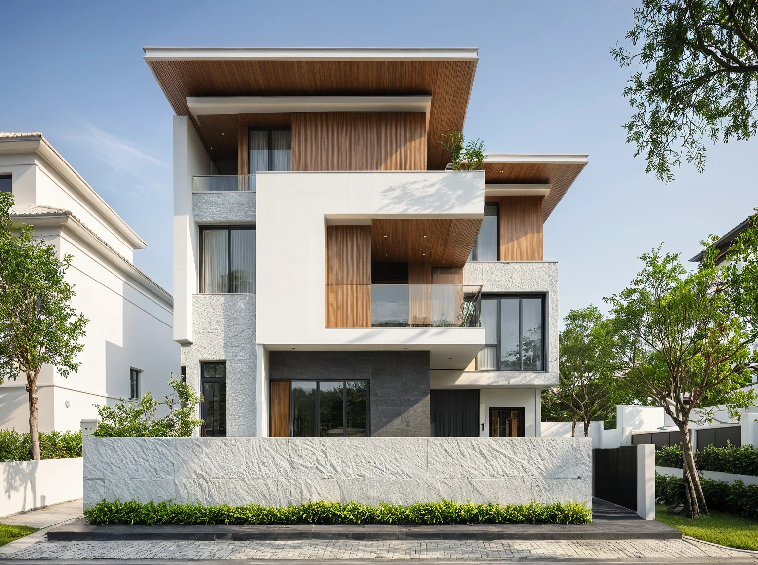 modern villa on street, (daylight), tropical tree, vivid colour, streetcapes, white tone, white wall, large glass door, warm interior lighting, wood and marble, best quality, 17ArchiAI_XL_VL-v1
