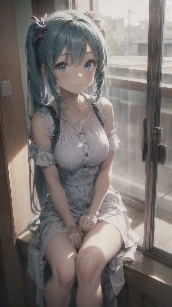 The background is the vastness of nature with a blue sky。
Hatsune Miku is smiling and sitting in the distance。
She is wearing a white dress with a long skirt。
A girl who looks like a Minato Ward girl。