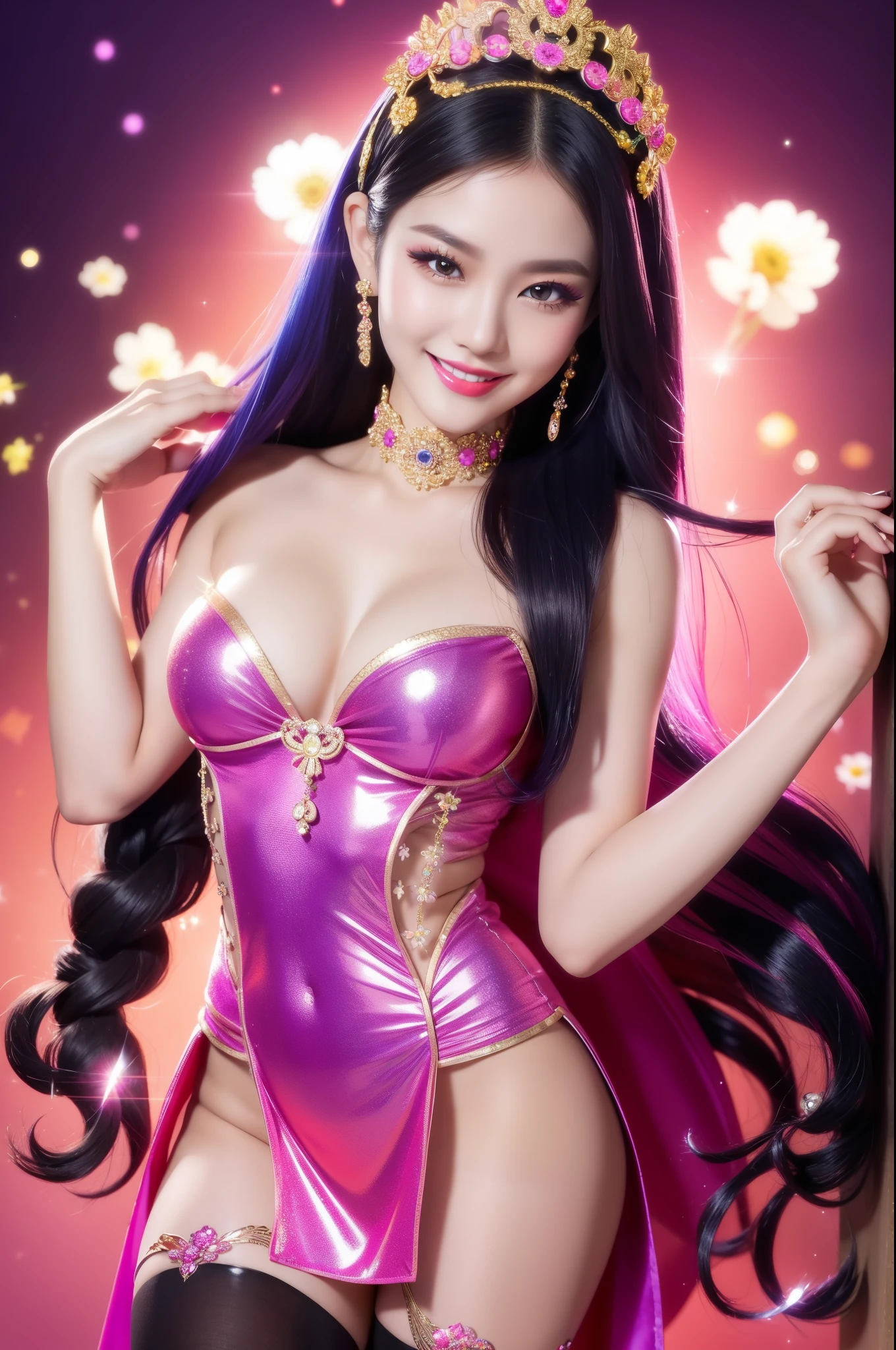 sexy Thai model who controls poison、beautiful smile、lip-gloss、bold lipstick、long lashes, colorful eye-shadow、look at the camera、full body Esbian、、sparkling poisoned flower costume、、、、sparkling Colorful hair、secrete poison、skull hair accessories、sexy tights、shiny sparkling flowers background