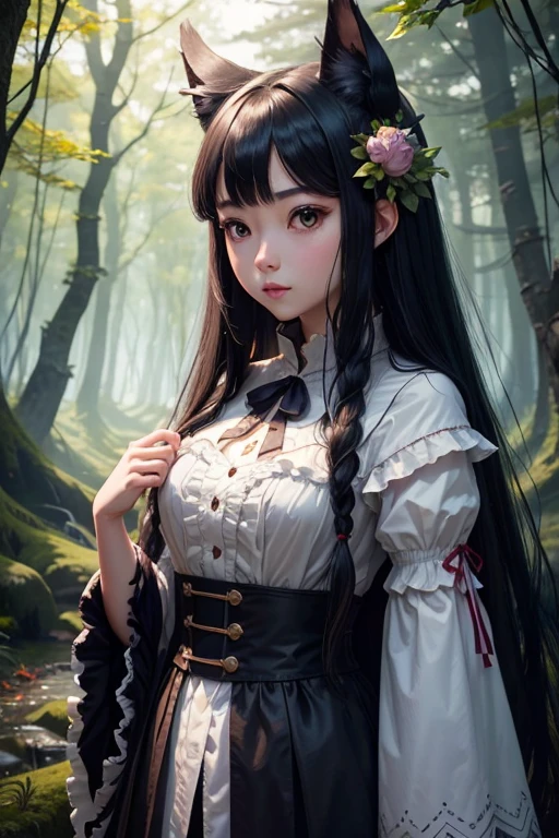 ８K、Very detailed、whole body、A girl with long black hair meets the Jabberwock、wonderland forest