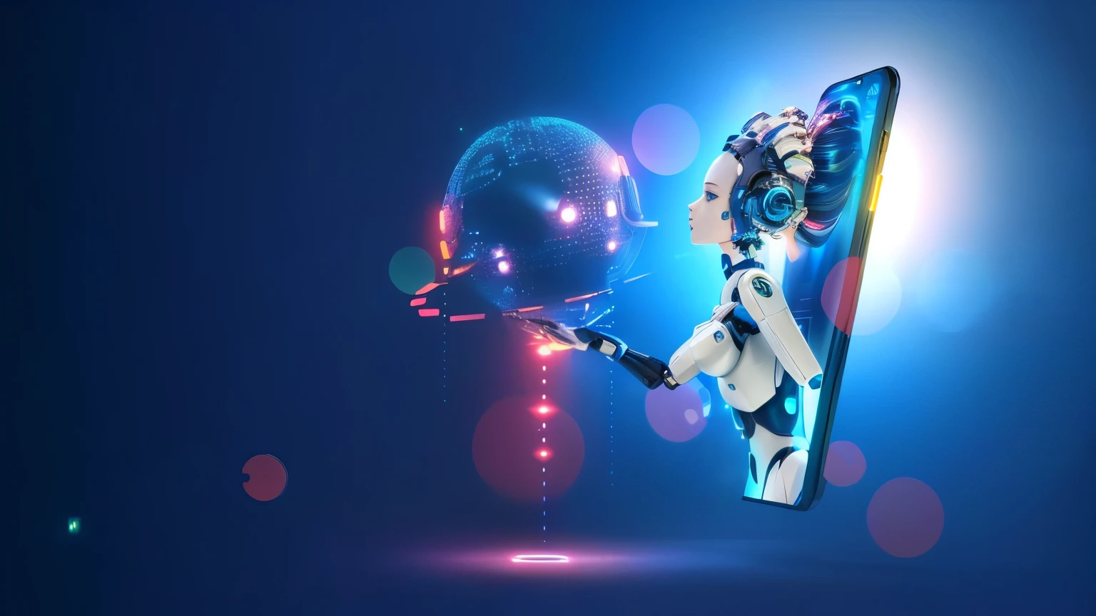 arafed robot holding a smart phone with a glowing background, strong artificial intelligence, artificial intelligence, endless collaboration with ai, beautiful android woman, integrated synthetic android, the coming ai singularity, 3840 x 2160, 3840x2160, artificial intelligence princess, portrait of female android, with ai theme, artificial intelligence!!